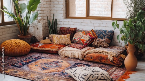 Wallpaper Mural A boho lounge area with mismatched pillows and a vintage rug . Torontodigital.ca