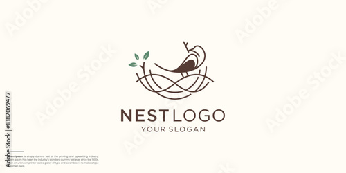 premium bird's nest logo. inspiration bird and root nest line style concept design.
