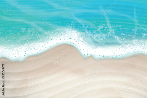 Realistic white beach. Ocean wave sand shore top view aerial background sea foam blue water bubbles clean sandy coast summer vacation concept paradise island ad vector illustration