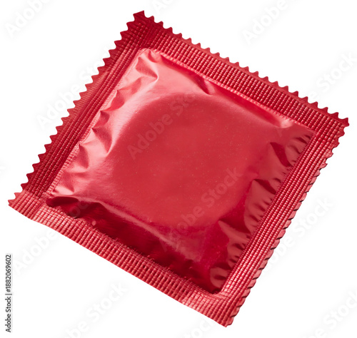 Red square condom foil wrapper packaging for protection on transparent background