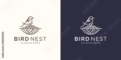 geometric line bird's nest logo. inspiration bird and root nest line style concept design.