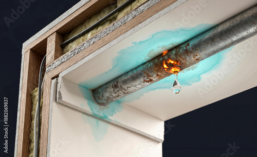 Cross-section view of a building wall showing a corroded metal pipe leaking water and causing large blue moisture stains on drywall.