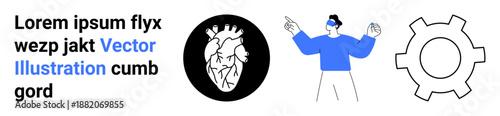 Hand-drawn heart in circular frame, person using AR glasses pointing, and gear icon. Ideal for technology, medical innovation, VR, education, mechanics, creativity simple landing page