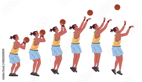 Basketball shooting. Basketball player throwing ball in basket step animation, professional athlete jump pose sport game sequence man character motion, classy vector illustration