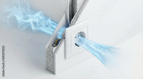 Cross section of an insulated wall showing air or smoke leakage through a European style electrical power socket