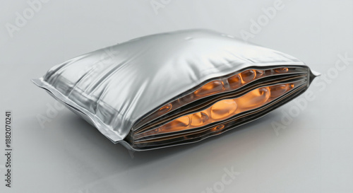 Severely swollen silver lithium polymer pouch battery showing internal orange heat glow and cells. Concept of electronic hardware failure and fire risk