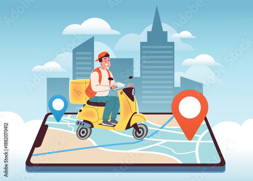 Courier phone tracking. Delivery mobile app, deliver man on bike backpack box delivers pizza order online track smartphone classy fast food e-commerce store vector illustration