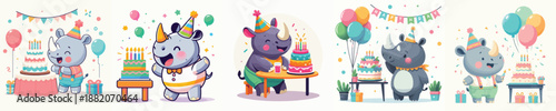 cute rhino vector having a birthday
