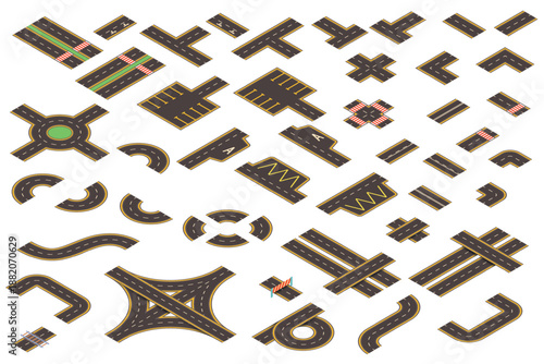 Isometric road set. City highway map creation kit, car traffic street path roadmap construction elements circle way race track crossroad asphalt icons, kicky vector illustration