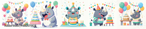 cute rhino vector having a birthday