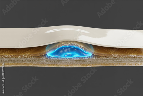 Cross-section of composite material layers showing a blue glowing liquid leak spreading between internal textures. Concept of structural failure or chemical seepage.