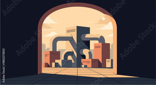 Stylized graphic illustration depicting a complex industrial landscape with interconnected pipes and buildings, viewed through a dark archway, showcasing modern infrastructure and urban development.