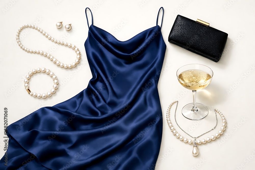 custom made wallpaper toronto digitalElegant Blue Satin Dress Flat Lay with Pearl Jewelry and Clutch