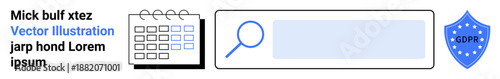 Data privacy, GDPR compliance, online search, scheduling, cybersecurity, web interface. Calendar, magnifying glass in a search bar blue GDPR shield. Data privacy and GDPR compliance illustrated