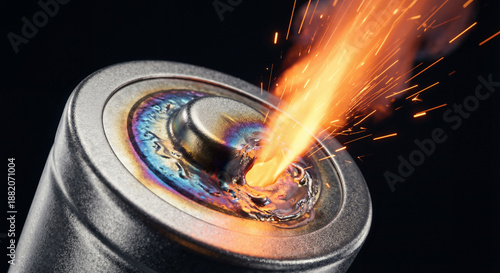Close-up of a metal battery terminal experiencing a violent short circuit with intense orange fire and bright sparks. Concept of dangerous thermal runaway in electronics.