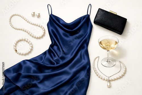 Wallpaper Mural Elegant Blue Satin Dress Flat Lay with Pearl Jewelry and Clutch Torontodigital.ca