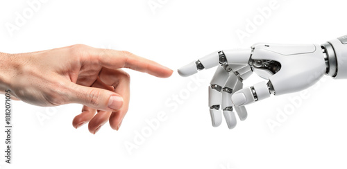 Human Hand Touching Robotic Hand AI Technology Connection Concept, Isolated on Transparent and White Background