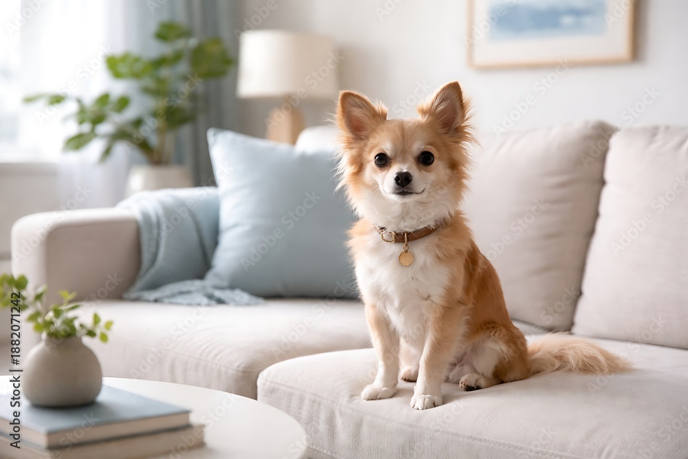 custom made wallpaper toronto digitalCute Small Dog Sitting on Sofa in Bright Cozy Living Room