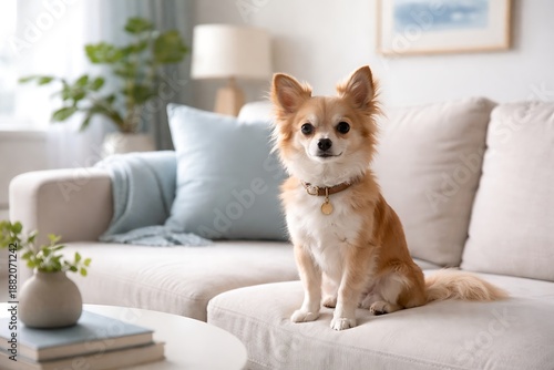 Wallpaper Mural Cute Small Dog Sitting on Sofa in Bright Cozy Living Room Torontodigital.ca