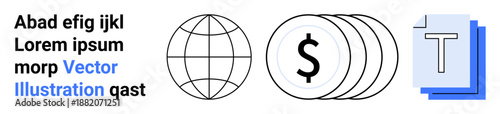 Business strategy, digital content, global trade, financial exchange, economic data, communication tools. Globe, currency symbol text blocks. Global trade and financial exchange