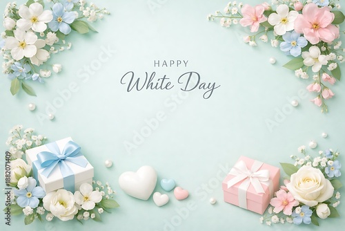 Wallpaper Mural Happy White Day Floral Background with Gift Boxes, Pearls and Hearts Torontodigital.ca