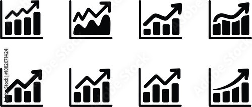 A black and white business graph illustrates increasing positive financial performance with a rising zigzag line