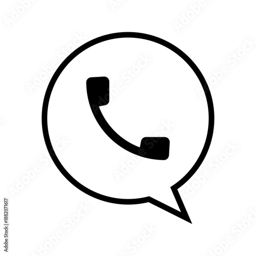 Call Icon.
A minimal black icon showing a telephone handset inside a speech bubble, representing phone calls, communication, contact, or customer support.