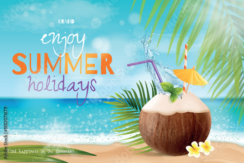 Coconut cocktail poster. Realistic coco nut drink on sea beach thailand or hawaii paradise island, coconuts fresh juice with straw 3d tropical summer travel vector illustration