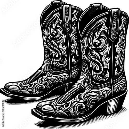 Cowboy Boots Illustration: A pair of meticulously crafted cowboy boots, showcased in an elegant illustration.