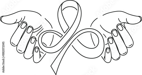 Minimalist line art illustration depicting cupped hands gently supporting a stylized awareness ribbon symbolizing hope support and solidarity for various causes