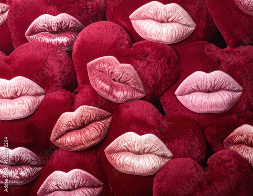 A close-up shot showing multiple, plush, red heart-shaped pillows overlaid with oversized, fabric lips. The lips vary in shades of pink and red. 