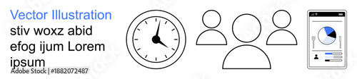 Time management, teamwork, productivity, analytics, workplace planning, scheduling. Features a clock, three user icons and a mobile phone screen with data. Time management and teamwork concept