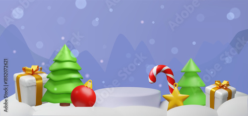 3D holiday banner with Christmas trees, gifts, candy cane, and festive ornaments on a snowy platform. Seasonal promotions, product advertising, website headers, or holiday-themed sales events.