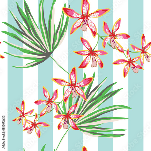 Tropical orchid flowers, palm leaves, striped background. Vector seamless pattern. Jungle foliage illustration. Exotic plants. Summer beach floral design. Paradise nature