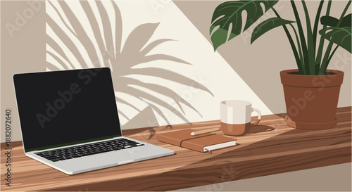 A serene and sunlit home office setup featuring a modern laptop, a potted plant, and warm light casting intricate shadows.