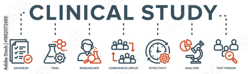 Clinical study concept icon illustration contain safeness, trial, researcher, comparison group, effectivity, analysis and test person.