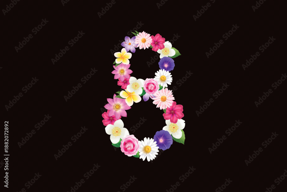 Obraz premium Floral number eight. 3d flower 8 figure for international womens day march realistic spring flowers with leaves woman holiday female decoration isolated foliage vector illustration