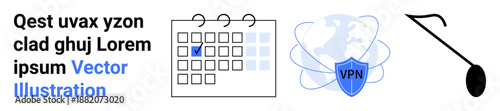 Cybersecurity, online privacy, scheduling tools, virtual networks, data protection, music industry. A calendar, VPN shield logo and music note icon. Cybersecurity and scheduling tools concept