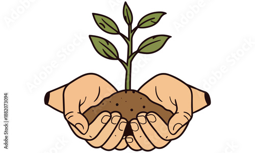 Hands Holding Plant Illustration – Growth, Sustainability, Nature Care, Green Environment .