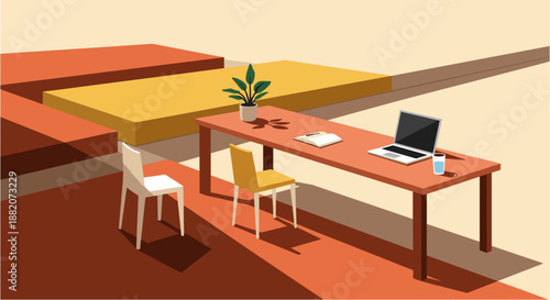 Modern minimalist home office setup with a laptop, plant, and chairs bathed in warm sunlight, perfect for remote work or study.