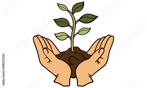 Hands Holding Plant Illustration – Growth, Sustainability, Nature Care, Green Environment .