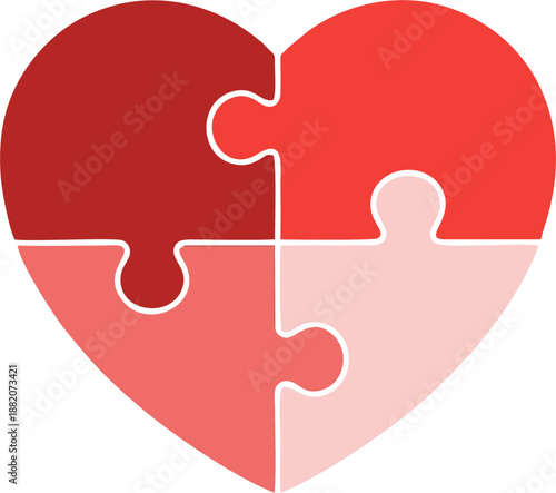 Heart shape formed by four interlocking puzzle pieces in red and pink tones, ideal for love-themed visuals, unity graphics, emotional connection icons, and symbolic relationship illustrations.