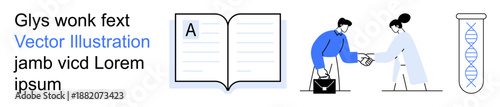 Knowledge sharing, business deals, education, science, research, corporate collaboration. Open book, handshake between professionals test tube with DNA strand. Knowledge sharing and business deals