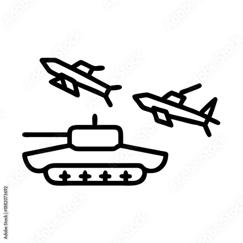 Set of 10 Hand-Drawn Military and War Line Icons Featuring Weapons Vehicles and Combat Gear