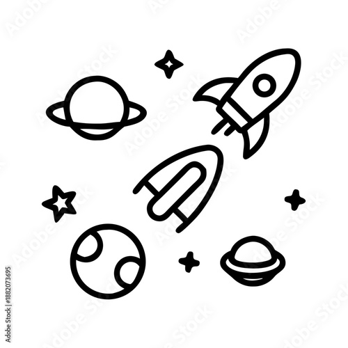 10 Hand-Drawn Outer Space and Astronomy Icons Set with Planets Stars and Rocket Ships
