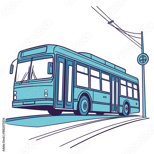 Modern city tram at street corner