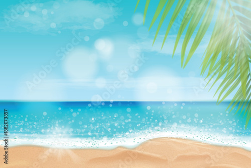 Realistic ocean beach. Sea wave sand shore palm tree leaves landscape, maldives tropical island blue sky sun glare bokeh sunshine travel summer holiday tour 3d vector illustration