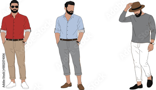 Trendy Vector Illustration Set of a Stylish Male Character Featuring Modern Casual and Semi-Formal Outfits for Fashion Design.