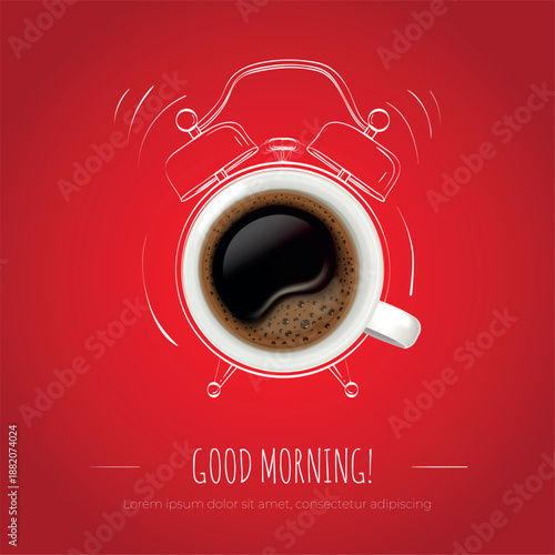 Coffee alarm. Good morning wake up concept, realistic porcelain cup espresso hot drink top view breakfast pause cafe break time retro timepiece clock banner vector illustration original artwork
