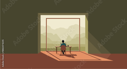 A solitary figure sits at a desk, contemplating a framed natural landscape scene within a dimly lit, enclosed space, evoking introspection and the desire for escape.